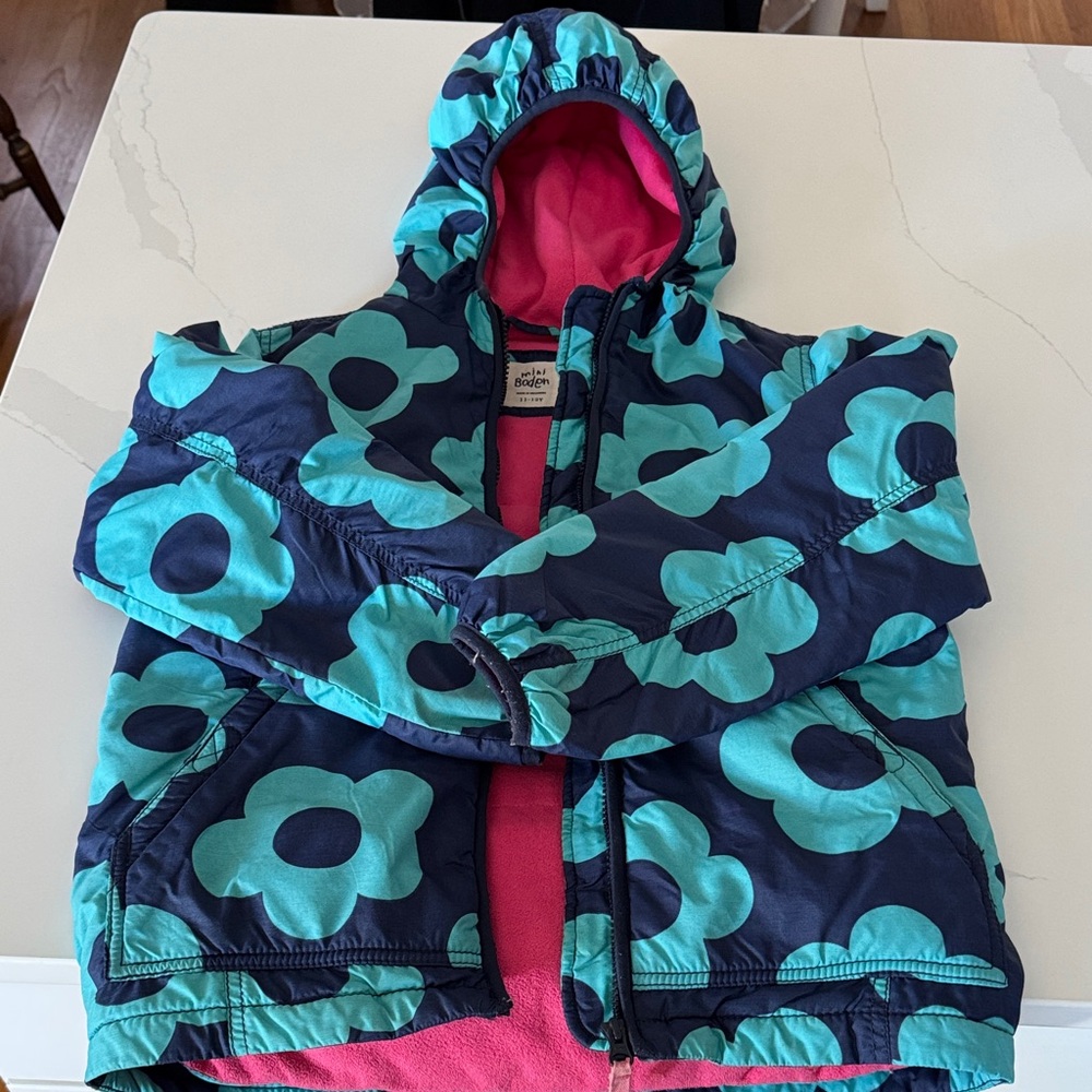 Mini Boden Floral Puffer Jacket - Blue and Pink